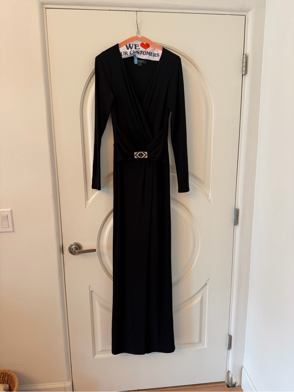 Ralph Lauren Evening Faux Wrap Maxi Jersey Dress with Black & Silver Buckle